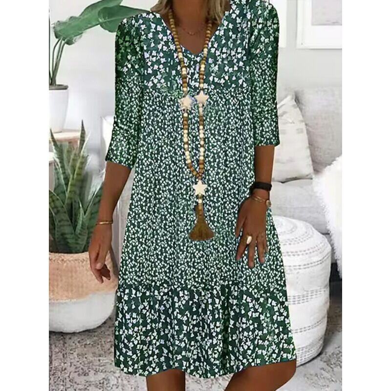 Novo vestido midi estampado de verão com manga comprida e decote em V para mulheres