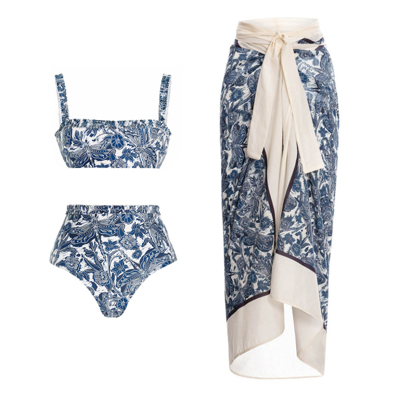 2025 New Blue Dragonfly Printed Swimsuit and Sarong