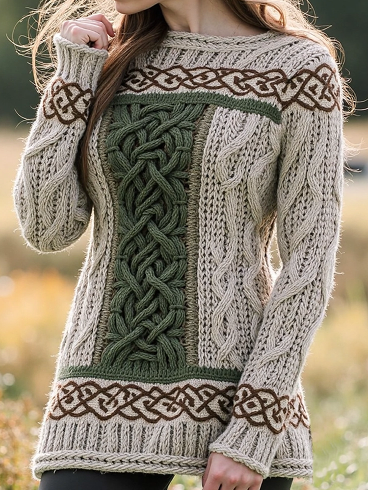 Női kelta csomó kontrasztos jacquard pulóver