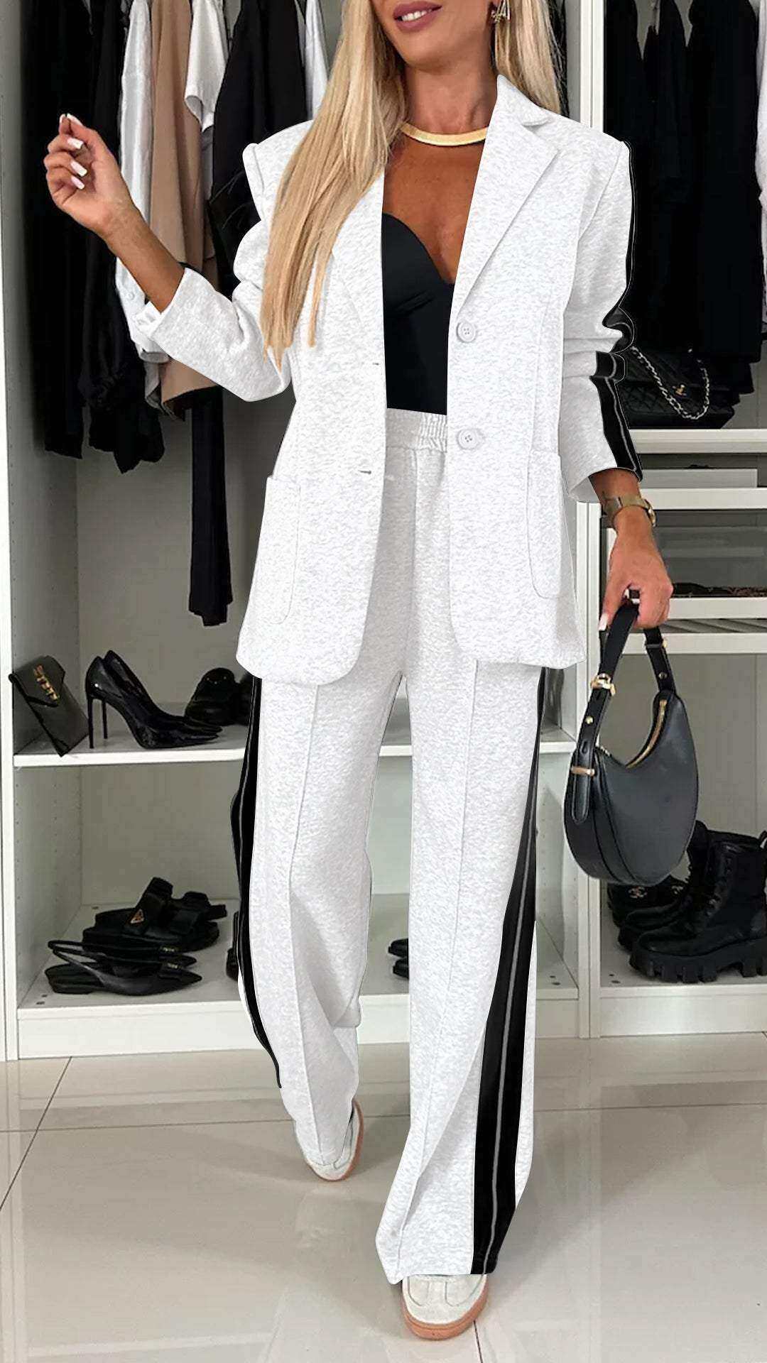Conjunto casual feminino de duas peças com lapelas e mangas compridas