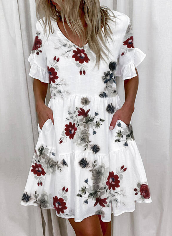2024 moda primavera e verão vestido curto estampado com babados e bolso para mulheres