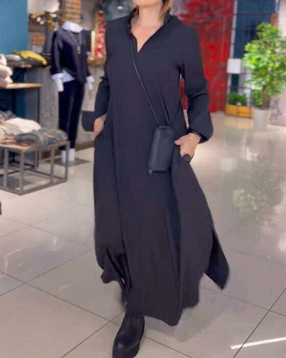 Vestido longo solto com fenda lateral e lapelas