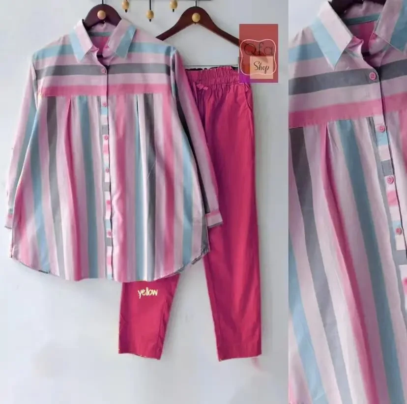 【S-4XL】Conjunto de 2 peças com listras coloridas de baixa saturação