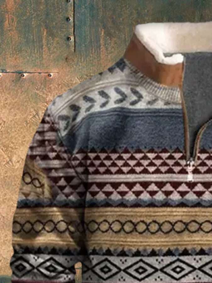 Moletom masculino com zíper e estampa vintage ocidental de pelúcia com gola alta