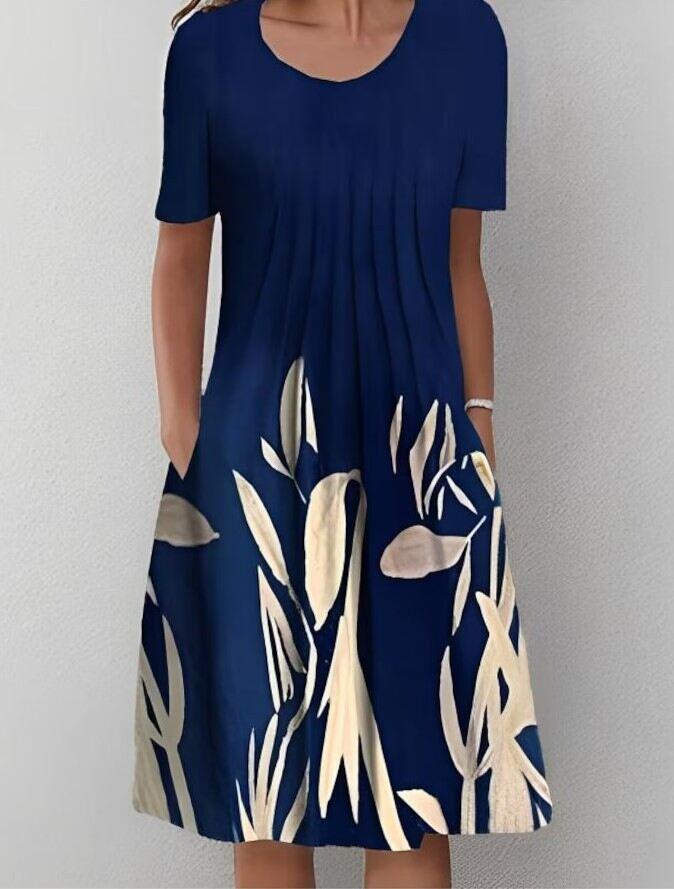 Vestido midi feminino primavera e verão com gola redonda estampado floral e bolso