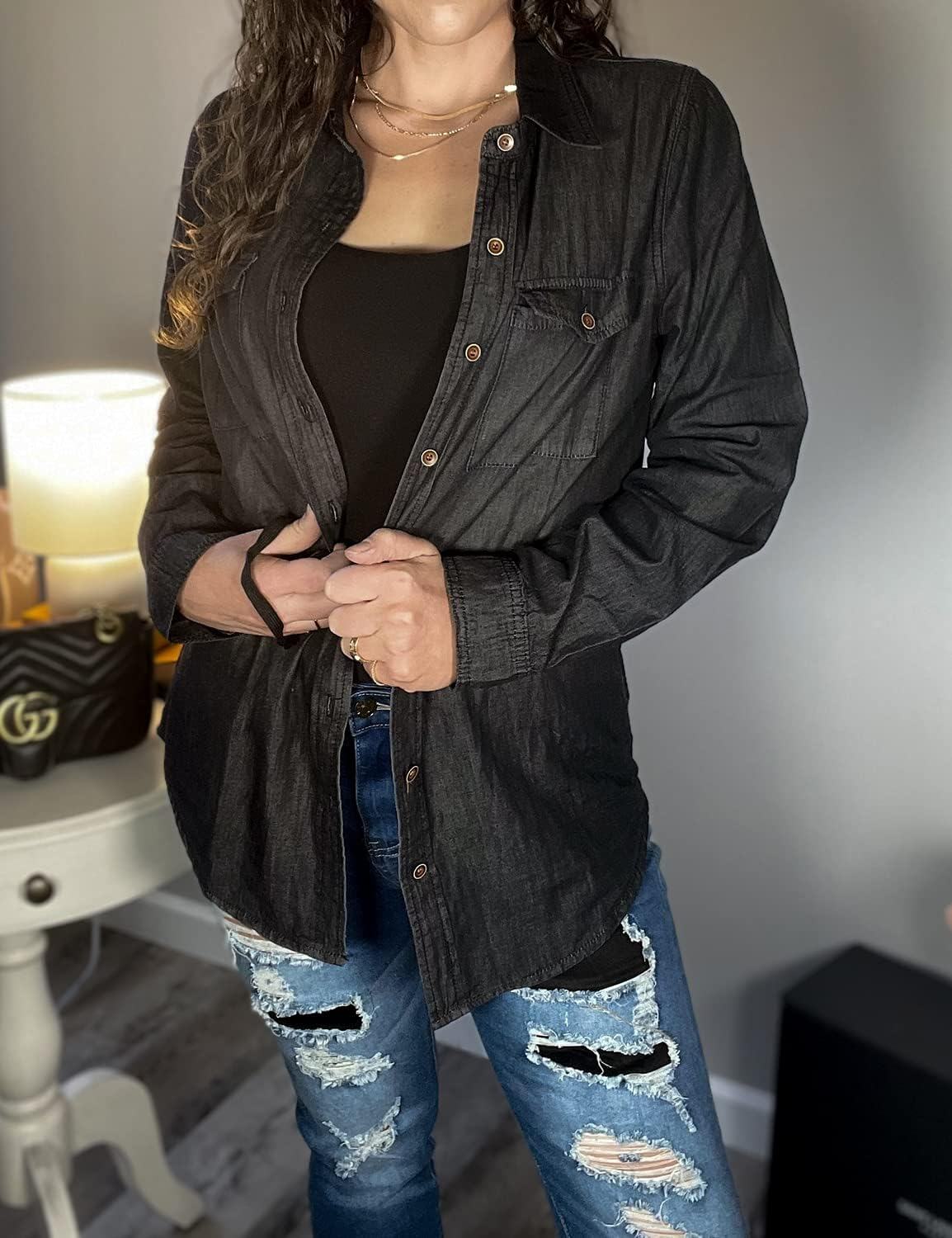 luvamia farmer ing Női Chambray Jean Western Shirts Hosszú ujjú gombos felsők