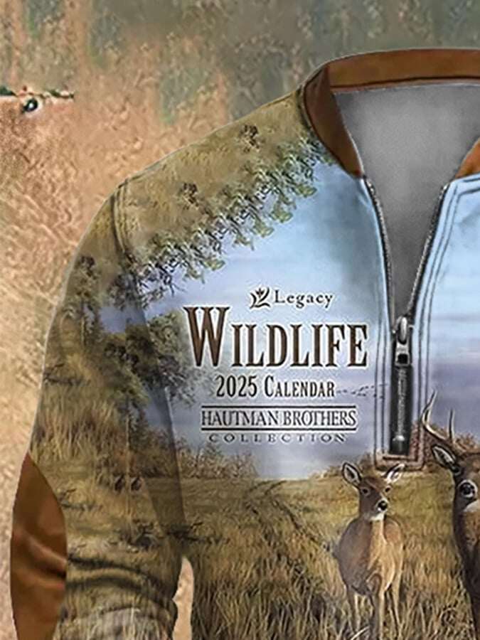 Moletom masculino vintage com estampa de caça ao veado ao ar livre e zíper