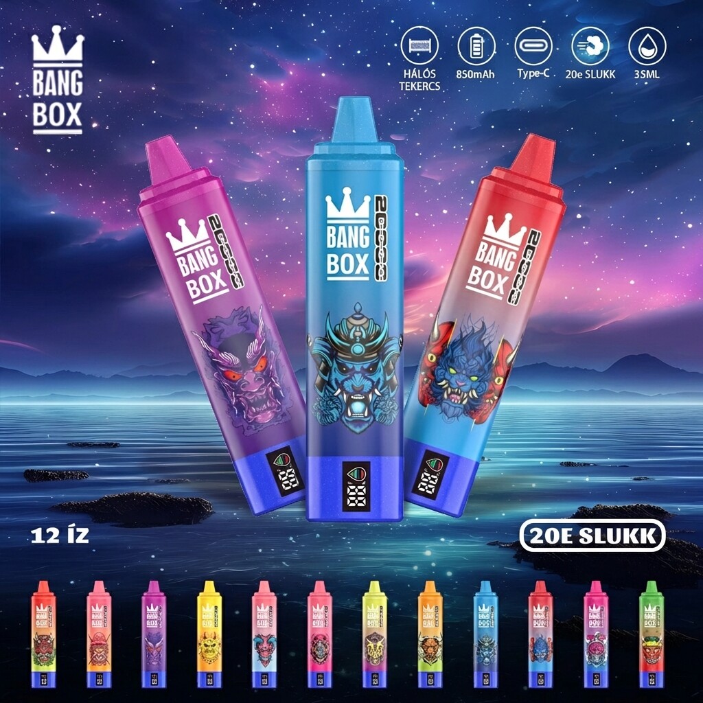Bang Box 20 000 slukkos eldobható vape – 0%, 2% és 5% nikotin | Alacsony nikotintartalmú, újratölthető | Nagykereskedelmi vásárlás