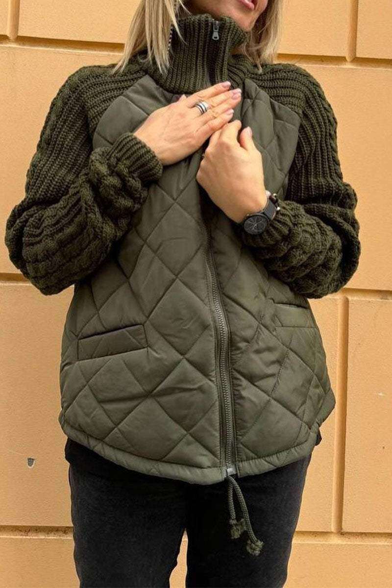 Jaqueta feminina casual, de cor única, patchwork com zíper