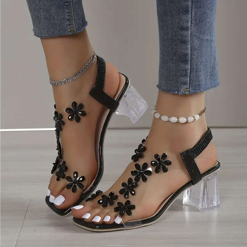 🔥Promoção de último dia com 50% de desconto - sandálias femininas de salto bloco com cristais de flores
