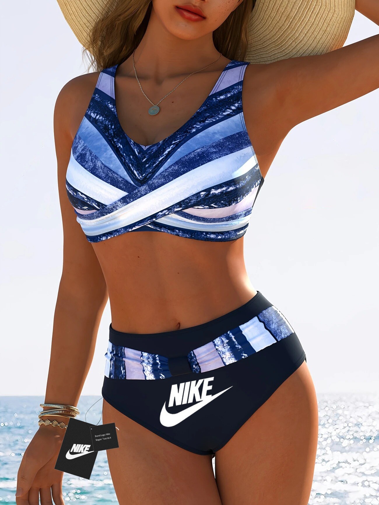 Conjunto de biquíni moderno com estampa geométrica, alças cruzadas e maiô de cintura alta combinando