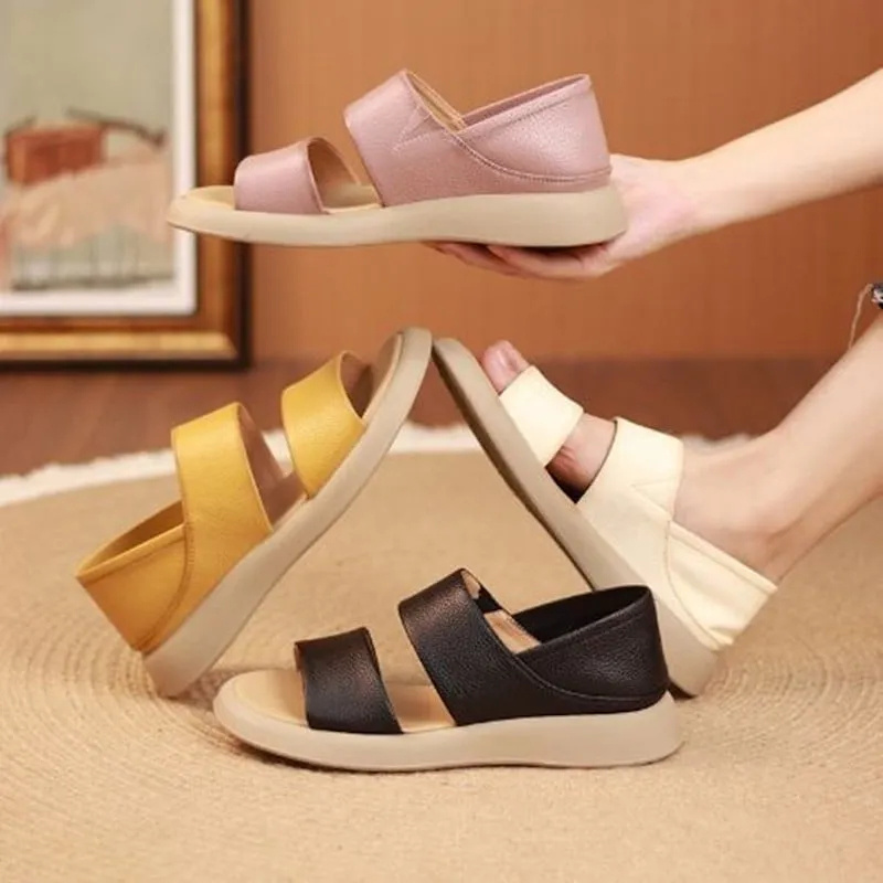 Wearscomfy új, elegáns valódi bőr vastagtalpú női szandál